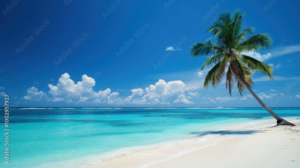Tropical Paradise: Serene Beach with Elegant Palm Tree in Cinematic Light Tropical Paradise: Serene Beach with Elegant Palm Tree in Cinematic Light