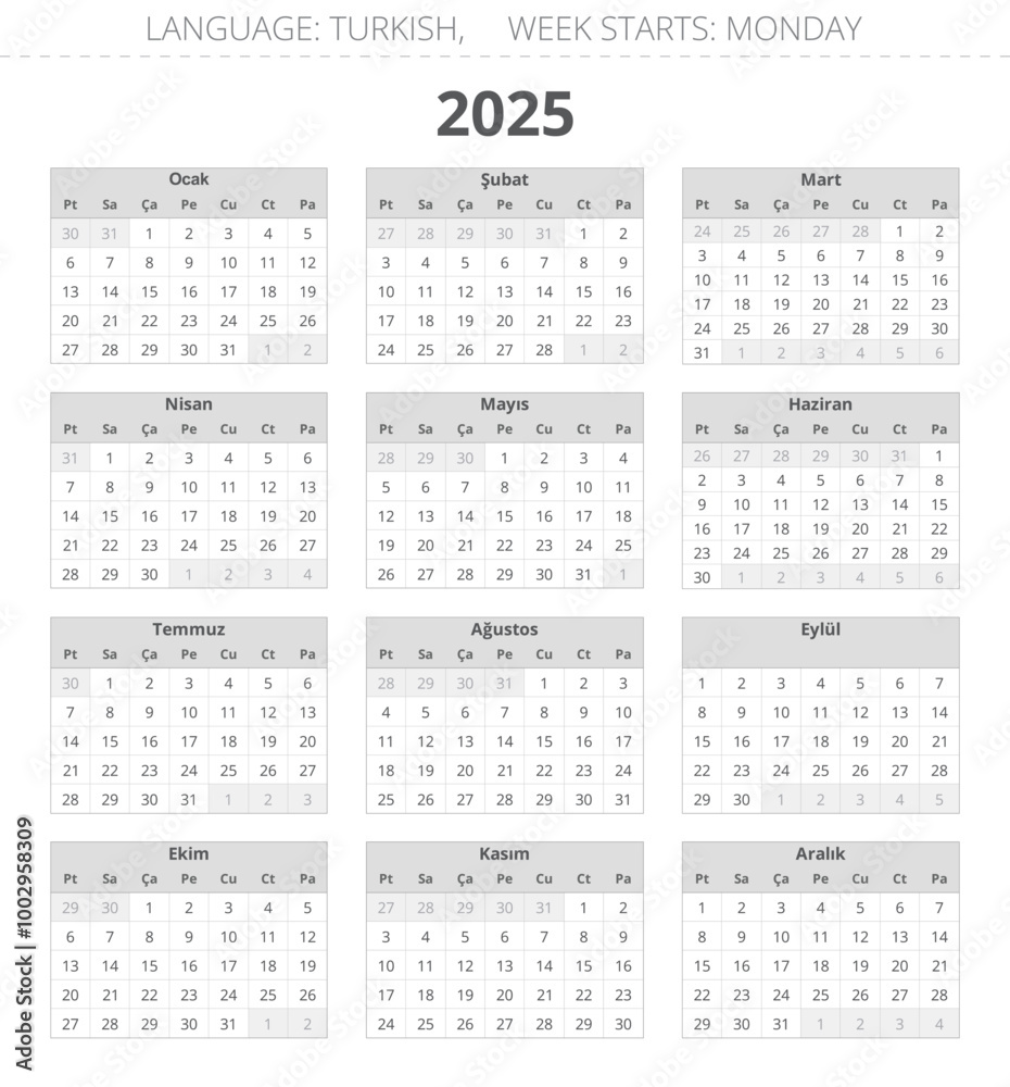 2025 year turkish calendar - takvim. Printable vector illustration for Turkey, grey colors 2025 year turkish calendar - takvim. Printable vector illustration for Turkey, grey colors