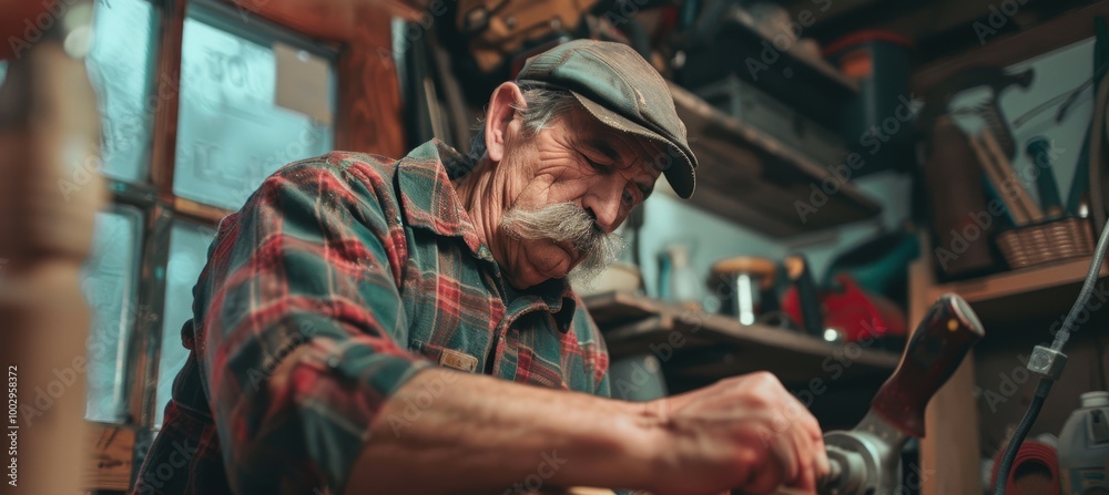 Craftsman in Garage Workshop Tightening Screw on Wooden Project with Determined Look for DIY Enthusiasts Craftsman in Garage Workshop Tightening Screw on Wooden Project with Determined Look for DIY Enthusiasts