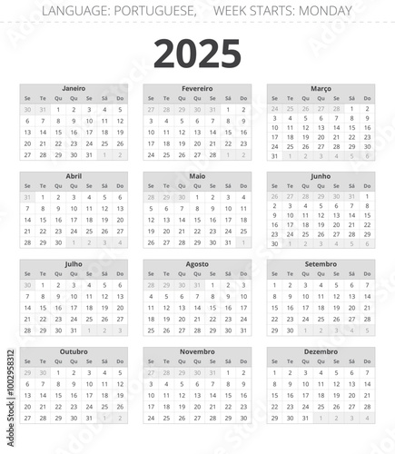 PORTUGUESE calendar for 2025 year. Printable vector illustration in grey colors for Portugal