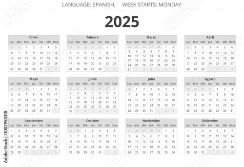 Spanish 2025 year calendar. Printable vector grey colors illustration Spain