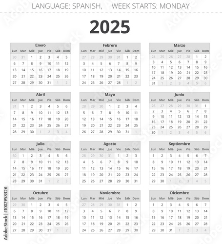 Spanish 2025 year calendar. Printable vector grey colors illustration Spain