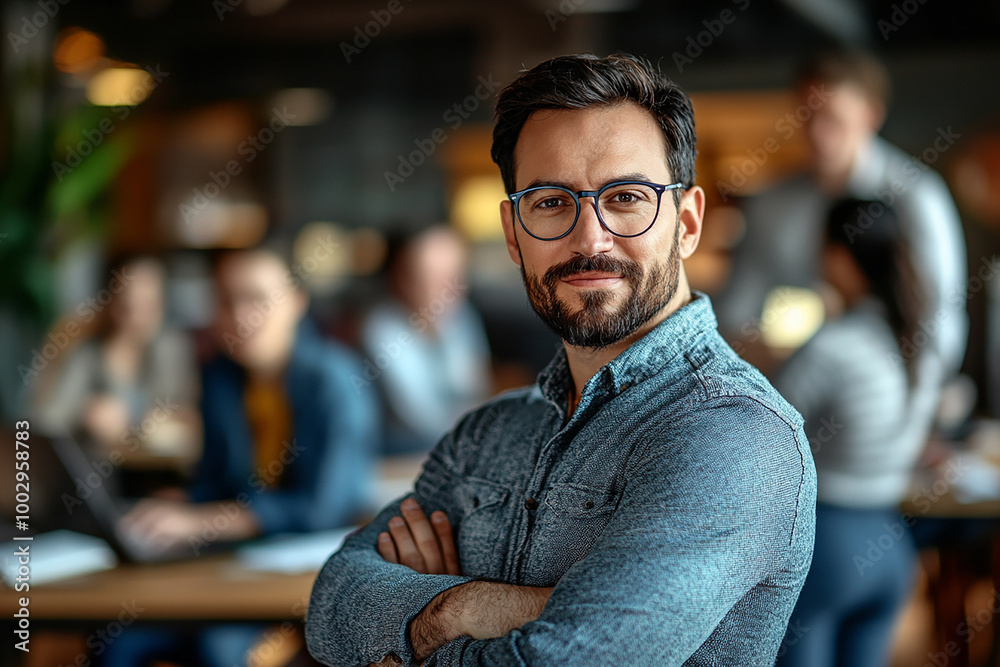 Fototapeta premium Portrait, glasses and business man with arms crossed in startup office for pride in career or job