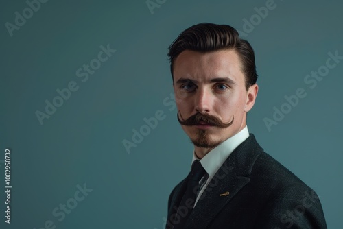 Minimalist High Fashion Portrait of Man in Tailored Suit with Impeccable Mustache for Editorial Use