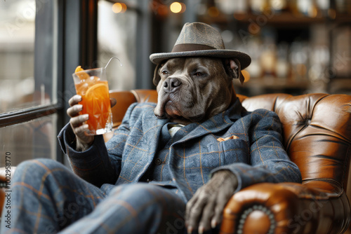 Well-Dressed Dog with Cocktail in Cozy Lounge