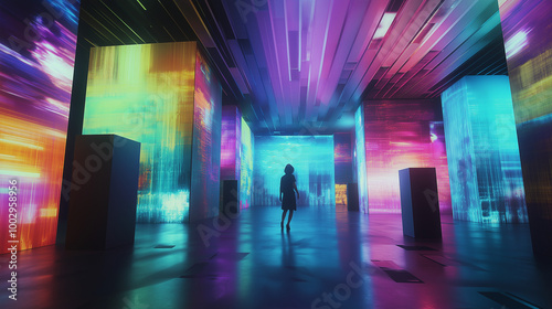 多数のディスプレイの中に没入する未来的な美術館もしくは博物館