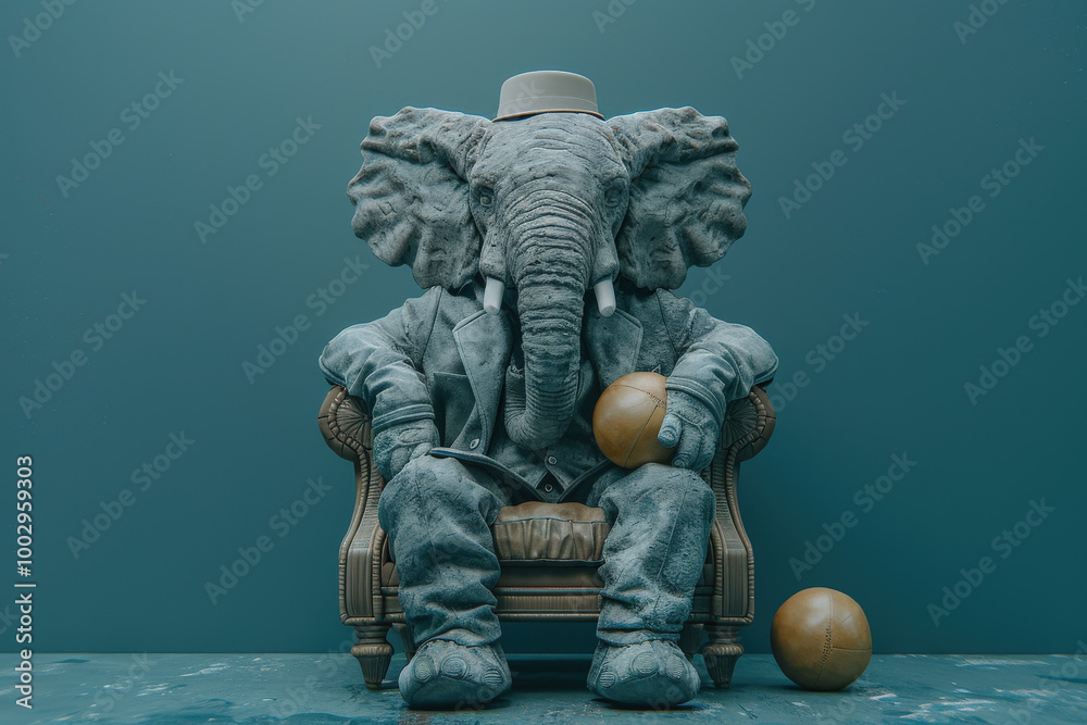 Elephant Statue in Armchair with Basketballs Elephant Statue in Armchair with Basketballs