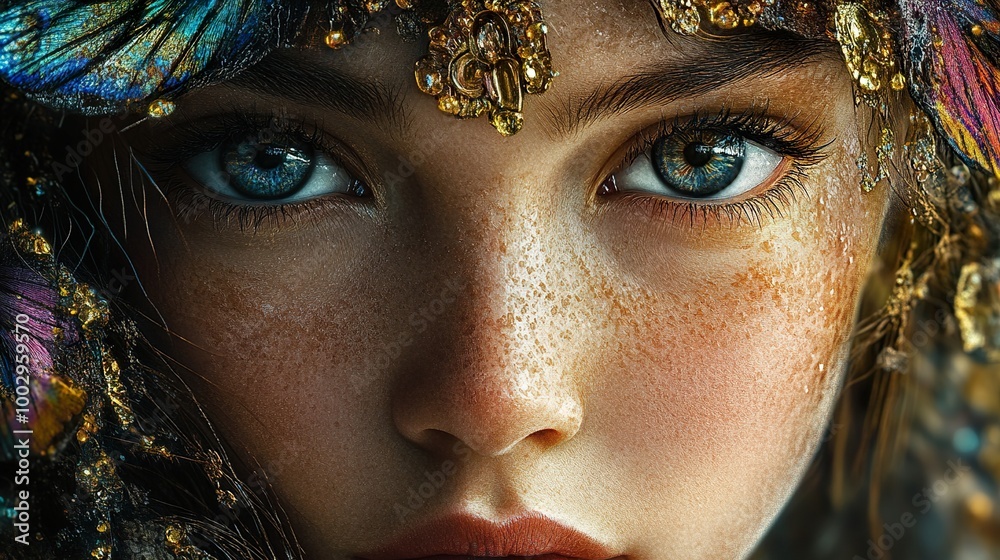 Close-Up Portrait of a Woman with Blue Eyes and Golden Jewelry Close-Up Portrait of a Woman with Blue Eyes and Golden Jewelry