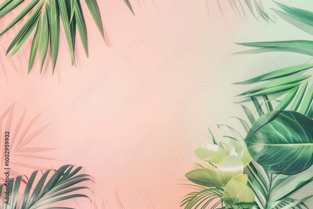 A pink background with green leaves and a green leaf in the middle