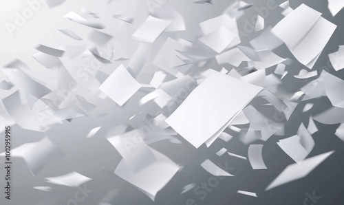 Realistic set of white paper sheets falling down isolated on white background.  illustration of stack of blank pages, office documents, business files flying in air. Mess in, Generative AI