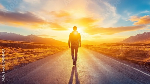 Sunset on desert road with a man walking into the light