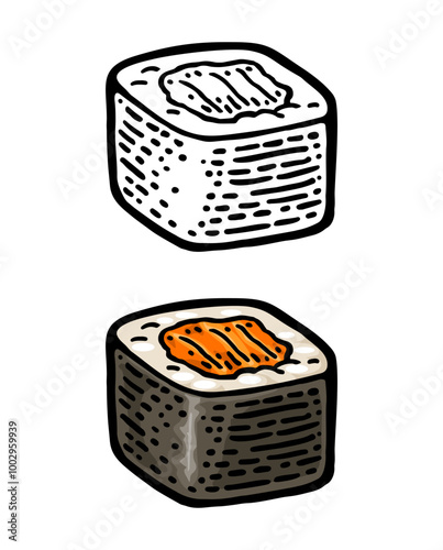 Sushi maki with nori and salmon. Isolated on white background. Vintage color vector engraving