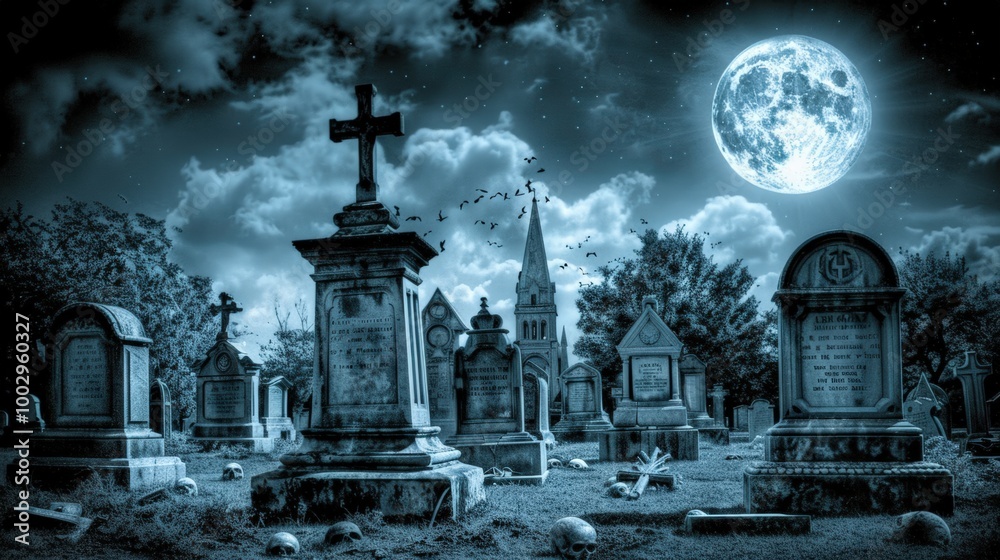Gothic cemetery under large bright full moon, with tall crosses and gravestones bathed in blue light. Birds fly across night sky while skulls litter ground, creating a spooky, dark Halloween scene. Gothic cemetery under large bright full moon, with tall crosses and gravestones bathed in blue light. Birds fly across night sky while skulls litter ground, creating a spooky, dark Halloween scene.