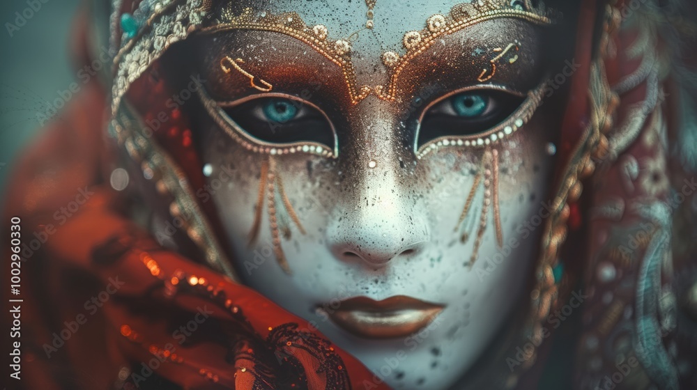 Close-up of a Venetian-style masquerade mask with intricate golden designs and detailed embellishments. The vivid blue eyes create a captivating, mysterious look, evoking a festive Halloween theme. Close-up of a Venetian-style masquerade mask with intricate golden designs and detailed embellishments. The vivid blue eyes create a captivating, mysterious look, evoking a festive Halloween theme.