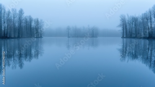 Dense fog covers a calm lake surrounded by bare trees. Reflections of the trees mirror on the still water. The foggy, quiet setting gives off an eerie and cold autumn atmosphere, perfect for Halloween