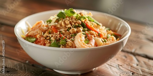 Shrimp Pad Thai with Peanuts and Vegetables Served in a White Bowl on a Wooden Surface