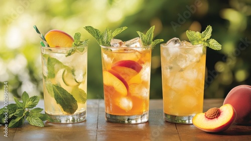 Cool down with a summery peach fizz cocktail, iced tea with mint, or refreshing peach lemonade. Perfect for a hot day, these drinks are homemade and delicious.