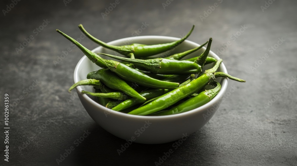 Fresh green chili peppers preserved in a white bowl, ready to add a spicy kick to your meals. Fresh green chili peppers preserved in a white bowl, ready to add a spicy kick to your meals.