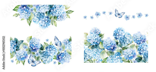 Fototapeta Naklejka Na Ścianę i Meble -  Borders with watercolor blue hydrangea set