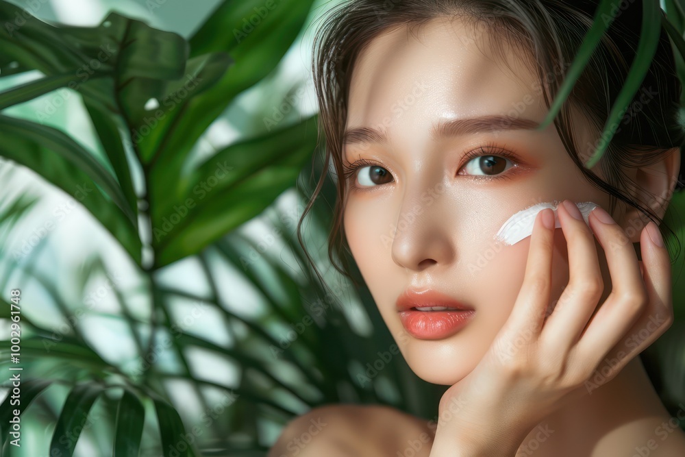 Asian woman in beauty studio applies eye cream with fingers on face, surrounded by green palm trees, creating tropical ambiance. Skin glows under soft, natural features. Camera focuses on intimate Asian woman in beauty studio applies eye cream with fingers on face, surrounded by green palm trees, creating tropical ambiance. Skin glows under soft, natural features. Camera focuses on intimate