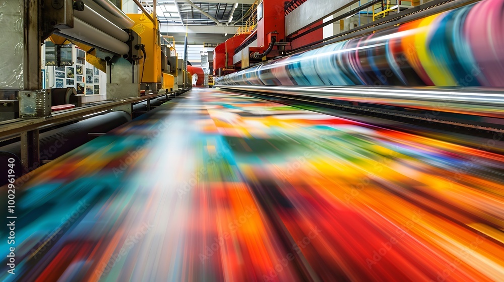 Colorful prints going through a huge machine Colorful prints going through a huge machine