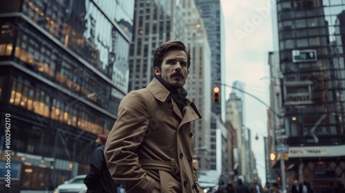 Elegant Man in Trench Coat Walking Amidst Skyscrapers in Busy Urban Street - Editorial Photography