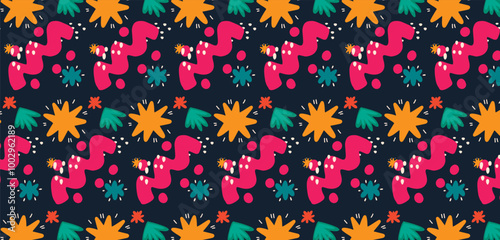 A modern exotic floral jungle pattern in a hand-drawn, cartoon style, featuring a contemporary collage of seamless elements. Ideal for vibrant and playful design projects with a trendy, creative touch