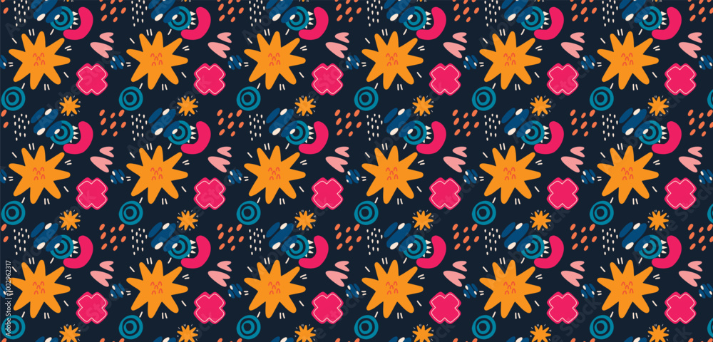A modern exotic floral jungle pattern in a hand-drawn, cartoon style, featuring a contemporary collage of seamless elements. Ideal for vibrant and playful design projects with a trendy, creative touch A modern exotic floral jungle pattern in a hand-drawn, cartoon style, featuring a contemporary collage of seamless elements. Ideal for vibrant and playful design projects with a trendy, creative touch