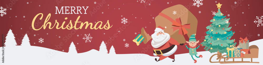 Merry Christmas banner design. Xmas party invitation template with Santa Claus holding huge gift bag, cute elf, fir tree, sleigh with gift boxes, winter forest and snowflakes fly. Vector illustration. Merry Christmas banner design. Xmas party invitation template with Santa Claus holding huge gift bag, cute elf, fir tree, sleigh with gift boxes, winter forest and snowflakes fly. Vector illustration.