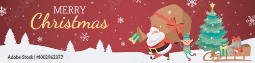 Merry Christmas banner design. Xmas party invitation template with Santa Claus holding huge gift bag, cute elf, fir tree, sleigh with gift boxes, winter forest and snowflakes fly. Vector illustration.