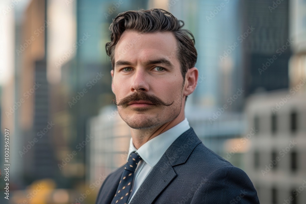 Fototapeta premium Professional Headshot of a Polished Man with Neat Mustache and Urban Cityscape Background for Corporate Use
