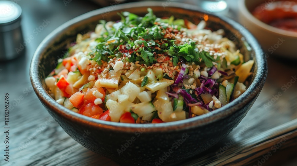 The bowl is filled with a mix of pickled vegetables. The bowl is filled with a mix of pickled vegetables.