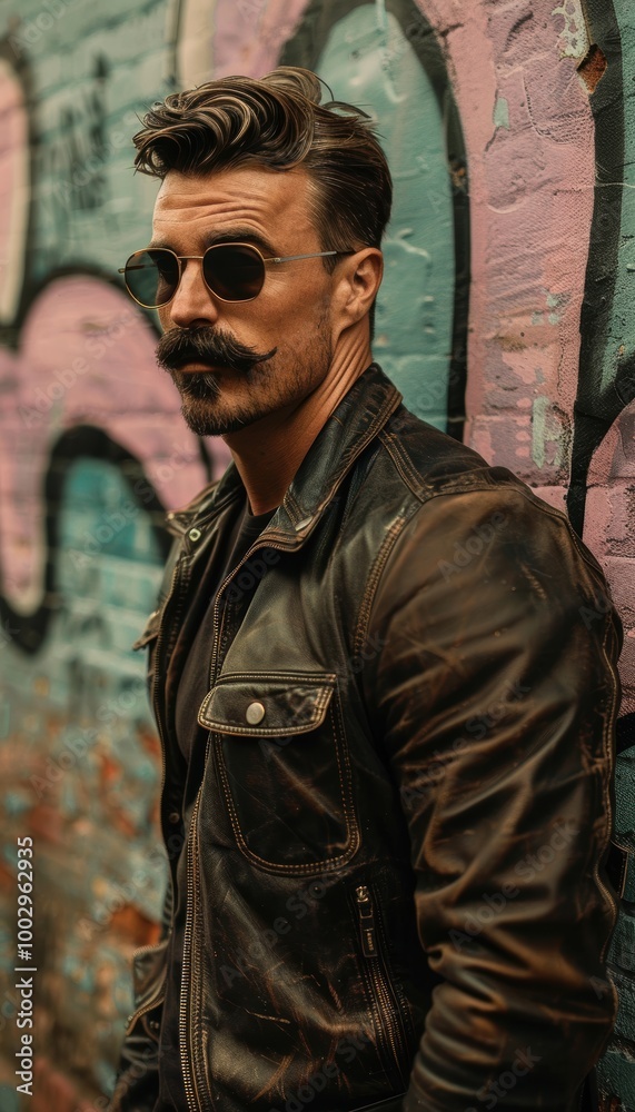 Fototapeta premium Stylish Urban Portrait of Man with Mustache in Leather Jacket and Sunglasses for Edgy Fashion Concept