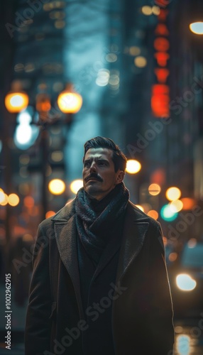 Editorial Fashion Shot of a Man with Pencil Mustache in a Tailored Coat on a Busy Night Street