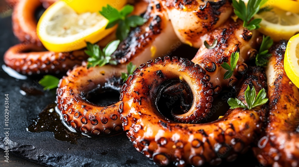 Close-up of grilled octopus tentacles garnished with lemon and herbs, grilled octopus, seafood appetizer. Close-up of grilled octopus tentacles garnished with lemon and herbs, grilled octopus, seafood appetizer.