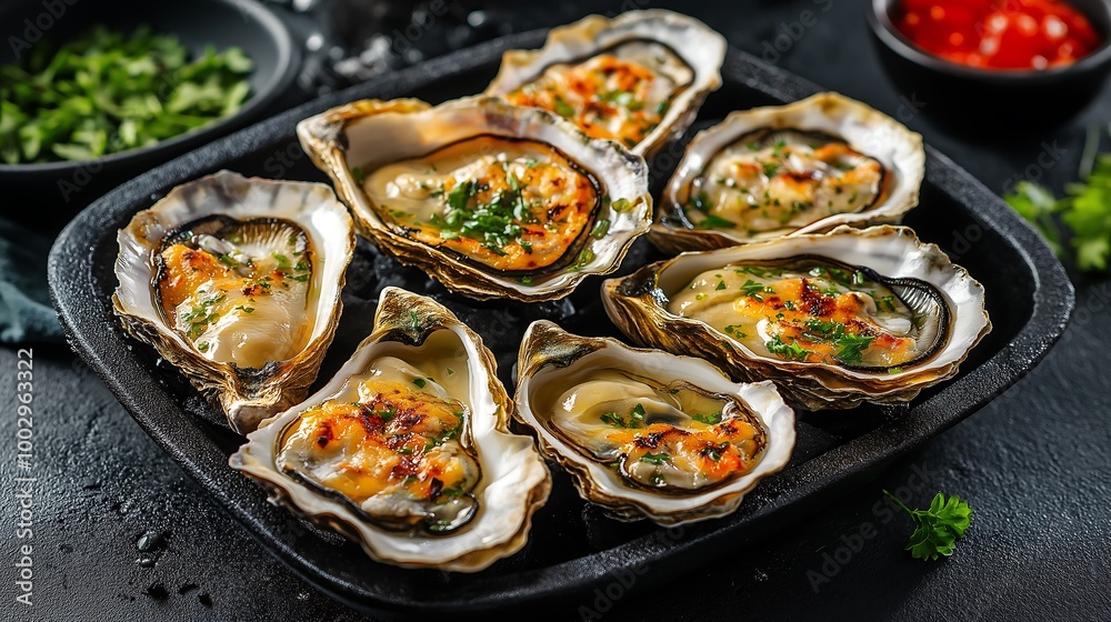 A platter of grilled oysters served with a garlic and herb butter sauce, grilled oysters, seafood delight. A platter of grilled oysters served with a garlic and herb butter sauce, grilled oysters, seafood delight.