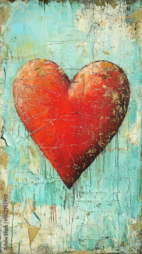 A large red heart is painted on an aged, textured wall with peeling paint and...