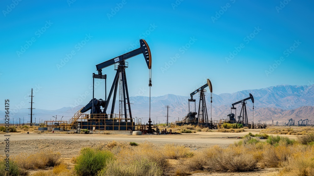 Industrial Oil Rigs and Pumping Machinery in Desert Landscape with Blue Sky Backdrop Industrial Oil Rigs and Pumping Machinery in Desert Landscape with Blue Sky Backdrop