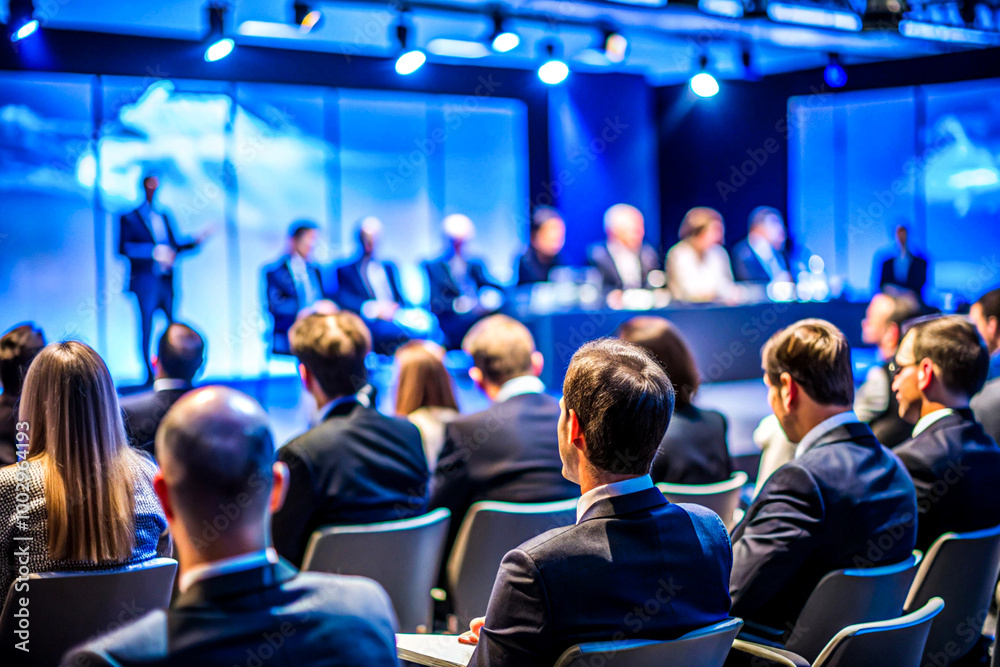Business Conference Speaker Presenting to a Large Audience in a Professional Setting, on dark blue background Business Conference Speaker Presenting to a Large Audience in a Professional Setting, on dark blue background