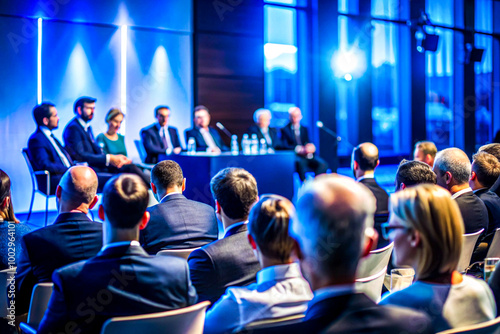 Business Conference Speaker Presenting to a Large Audience in a Professional Setting, on dark blue background