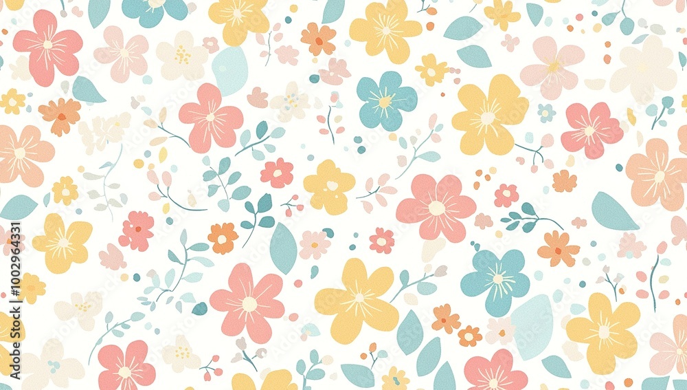 A pattern of small, colorful flowers in pastel colors on a white background,...