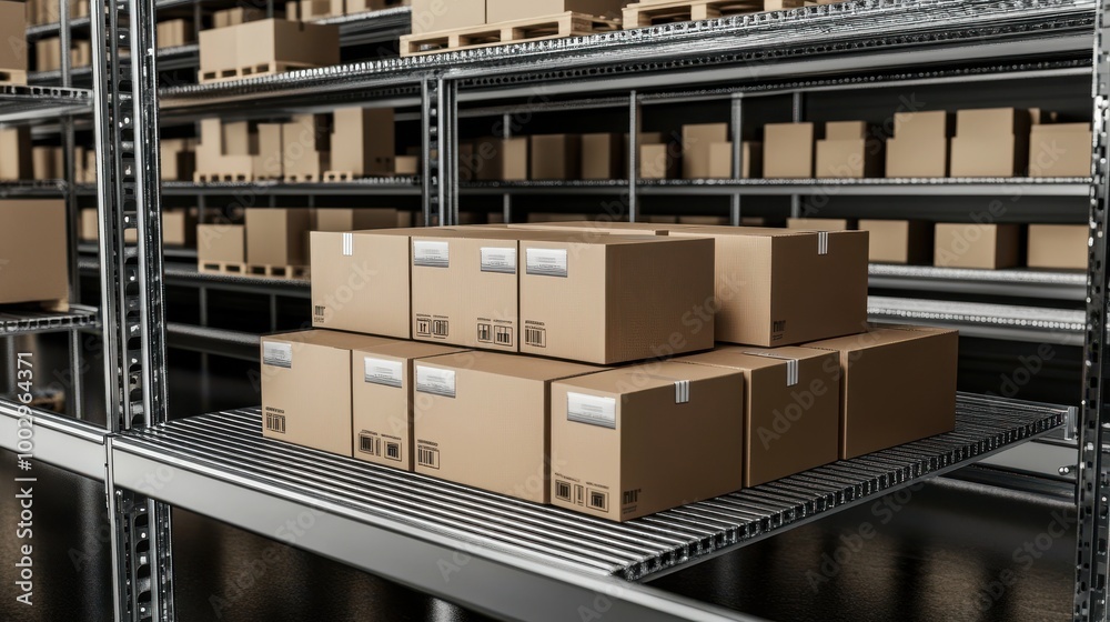 3D render of warehouse with boxes on metal shelves in a modern storage room 3D render of warehouse with boxes on metal shelves in a modern storage room