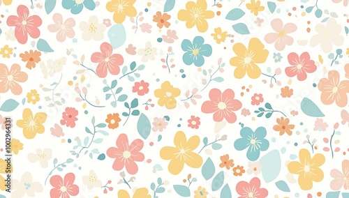 A pattern of small, colorful flowers in pastel colors on a white background,...