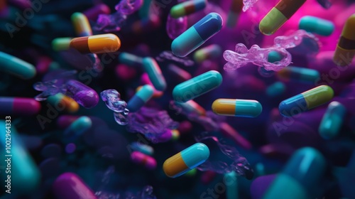 Floating Pharmaceutical Capsules in a Dynamic Arrangement Highlighting Modern Medicine, Drug Therapy, and Healthcare Innovation photo