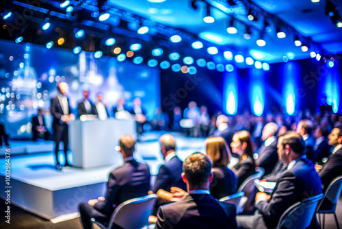 Business Conference Speaker Presenting to a Large Audience in a Professional Setting, on dark blue background