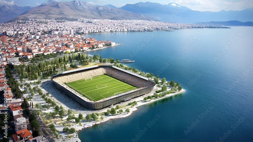 Fototapeta premium Modern Stadium at Coast with Island View