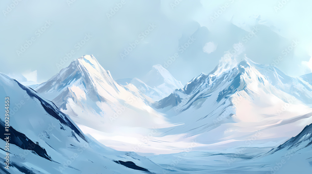 Obraz premium Glacier peaks, oil painting effect, icy blue hues, midday light, wide perspective. Tundra Landscape. Illustration