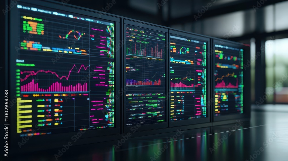 Financial graphs on display screens, modern office Financial graphs on display screens, modern office