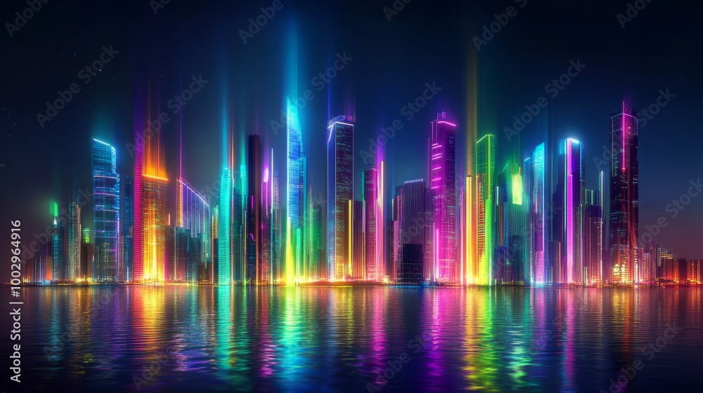 Futuristic Cityscape with Vibrant Neon Lights Illuminating a Modern Digital Skyline at Night, Reflecting Advanced Technology and Urban Life Futuristic Cityscape with Vibrant Neon Lights Illuminating a Modern Digital Skyline at Night, Reflecting Advanced Technology and Urban Life