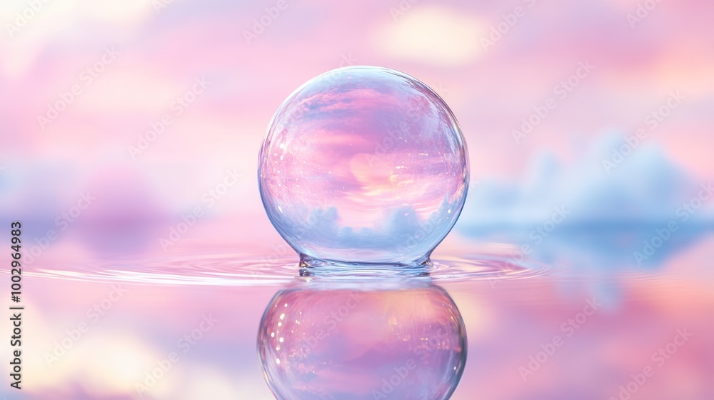 A crystal-clear bubble reflecting a pastel sky and water ripples, evoking tranquility.